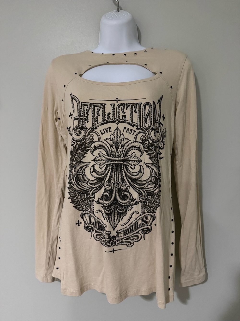 Affliction Shirt Women’s Tan Long Sleeve Cut Out Rock Grunge Goth Y2K - Large